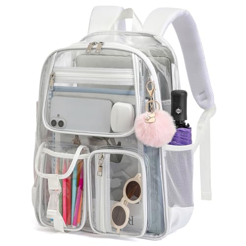 Clear Backpacks for Girls Women, Heavy Duty PVC Transparent School Bookbag See Through Back Pack for College Work Travel (White) - color: White