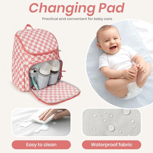 FHELAD Checkered Diaper Bag Backpack with Changing Pad & Stroller Clips, Large Travel Baby Diaper Bag for Newborn Moms, Baby Shower Gifts (Peach Pink) - color: Peach Pink