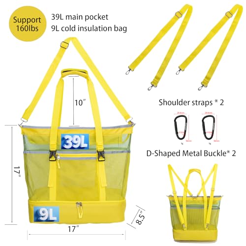 Mesh Beach Bag with Cooler Large Travel Family Vacation Essentials Pool Swimming Zipper Pocket Durable 9 Pockets - color: Yellow-green