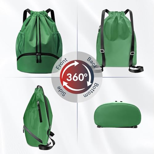 PinCute Drawstring Backpack for Women Men, Gym Bag for Soccer, Basketball, Swim, Beach, Water-Resistant Sports Backpack with Wet Pocket and Shoe Compartment, Dark Green - color: Dark Green