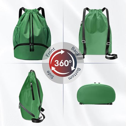 PinCute Drawstring Backpack for Women Men, Gym Bag for Soccer, Basketball, Swim, Beach, Water-Resistant Sports Backpack with Wet Pocket and Shoe Compartment, Dark Green - color: Dark Green