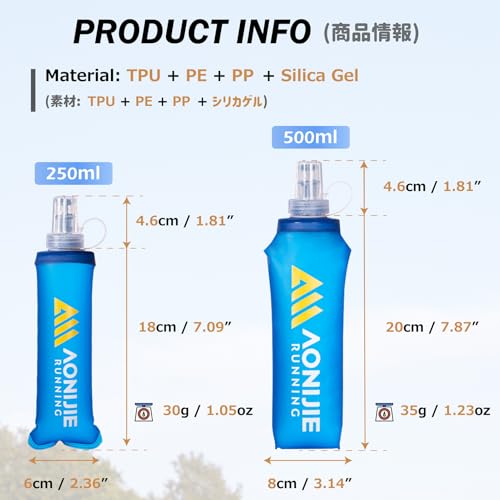 Azarxis TPU Soft Flask Collapsible Water Bottle Running Folding Gel Water Reservoir Handheld for Hydration Pack Hiking Cycling Climbing Jogging Marathon Trail Race - color: #01 Blue - 250 ml - 2-pack