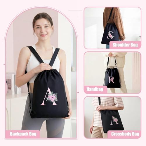 A-Z BAG Drawstring Backpack Gym Sackpack, Personalized Gifts for Women, Initial 4-in-1 Multi-String Swimming Bag for Waterproof Sports (M)