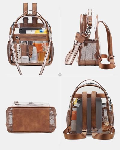 FADEON Clear Small Backpack Purse for Women, Designer Transparent Shoulder Handbag, PVC Mini Clear Bag for Stadium Approved - color: 1-brown Retro Style