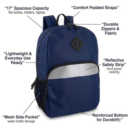 Trail maker 17" Backpack – Reflective School Backpack with Padded Straps, Water Bottle Pockets for Kids & Adults, School Travel Camp (Navy) - color: Navy
