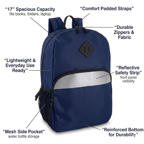 Trail maker 17" Backpack – Reflective School Backpack with Padded Straps, Water Bottle Pockets for Kids & Adults, School Travel Camp (Navy) - color: Navy