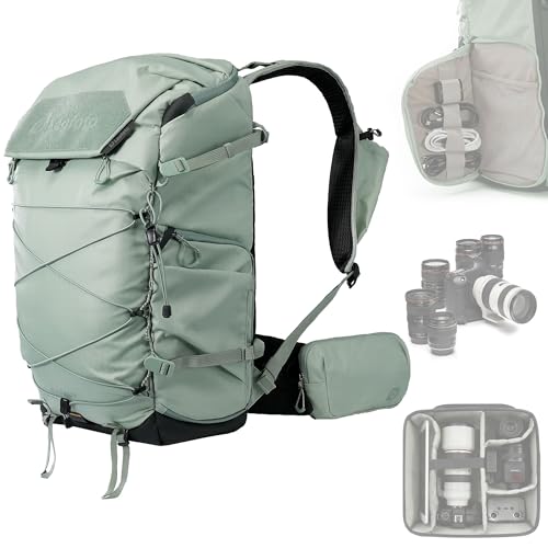 LEOFOTO 35L Camera Backpack for Photographer, Lightweight Waterproof Travel Camera Bag for Camera/Drone/15.6" Laptop, Photopraphy Bag with Side Access & Rain Cover, Tripod Compatible, 2.65KG - GREEN - color: 35l-bag+medium Insert-green