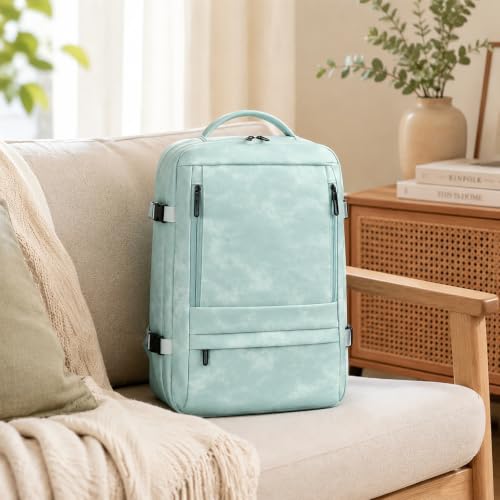 Travel Backpack for Women, PU Leather Carry On Backpack Flight Approved with Laptop Compartment, 40L Expandable Personal Item Travel Bag for Traveling Weekender Business (Light Blue) - color: Light Blue