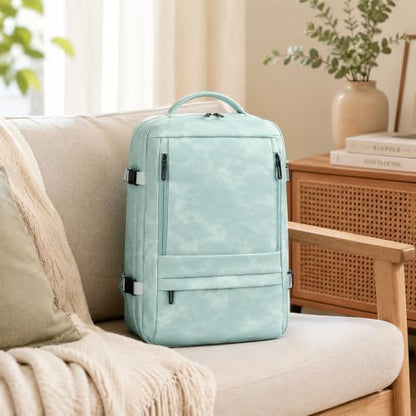 Travel Backpack for Women, PU Leather Carry On Backpack Flight Approved with Laptop Compartment, 40L Expandable Personal Item Travel Bag for Traveling Weekender Business (Light Blue) - color: Light Blue