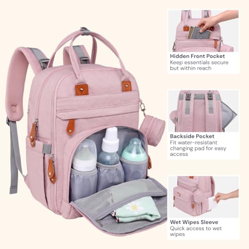 BabbleRoo Diaper Bag Backpack - Baby Essentials Travel Tote - Multi function Water Resistant Diaper Bag, Travel Essentials Baby Bag with Changing Pad, Stroller Straps & Pacifier Case - Unisex, Pink - color: Pink, size: Large