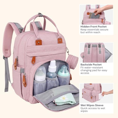 BabbleRoo Diaper Bag Backpack - Baby Essentials Travel Tote - Multi function Water Resistant Diaper Bag, Travel Essentials Baby Bag with Changing Pad, Stroller Straps & Pacifier Case - Unisex, Pink - color: Pink, size: Large