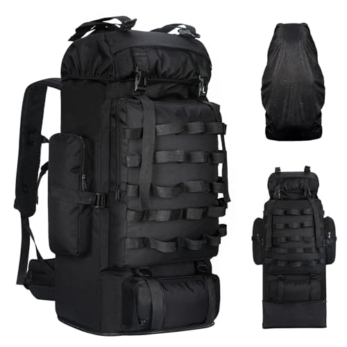 70L/100L Camping Hiking Backpack with Rain Cover, Expandable Large Military Tactical Backpack, Waterproof Molle Racksack Travel Backpacking Daypack for Climbing Trekking (Black) - color: Black