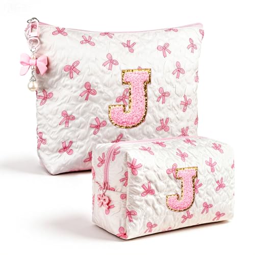 Initial Makeup Bag, Valentines Day Gifts for Women Teens Girls Birthday Gift Personalized Bow Cosmetic Bag, Quilted Cosmetic Travel Toiletry Pouch, Cute Makeup Organizer Teen Girl Gifts Trendy Stuff J - color: J