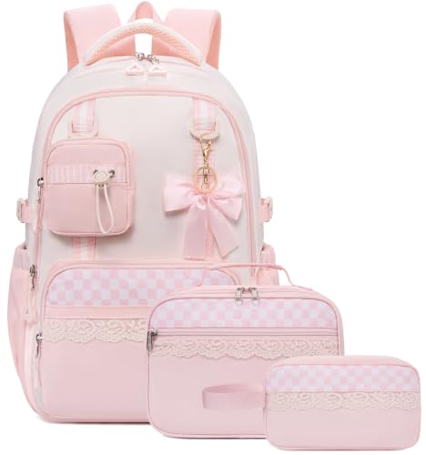 Bluboon Backpack for School Teen Girls Bookbags with Lunch Bag & Pencil Case Aesthetic Water Resistant School Bags for Kids - color: Pink Gingham