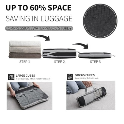 9-Set Packing Cubes with Hanging Bag | 9-Size Combination, Mesh Fabric & Reflective Stripe | Travel Luggage Organizers (Black) - color: Black