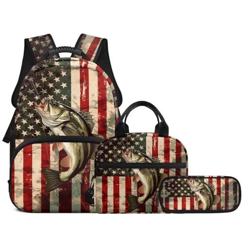 3 in 1 Backpack Set for Boys Girls USA Flag Fish 17 Inch Lager Capacity Bookbags School 3PCS Backpack with Lunch Box and Pencil Case - color: Usa Flag Fish