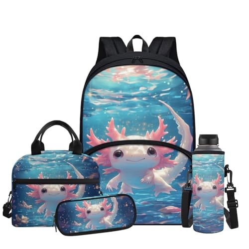 Cute Axolotl Backpack for Girls Kids Backpack with Lunch Box Water Bottle Holder and Big Pencil Pouch 4Pcs Set 17" Bookbag with Large Front Pocket for School Lightweight Elementary School Bag - color: Cute Axolotl