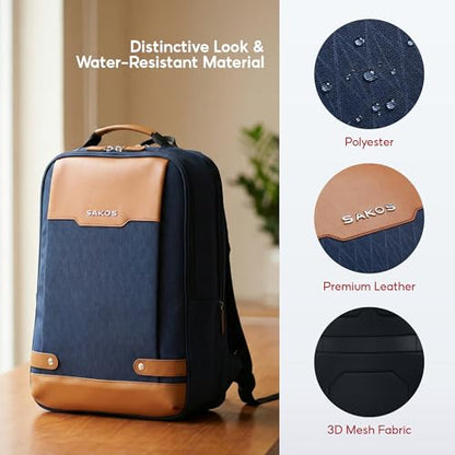 SAKOS Matura 15.6 inch Laptop Backpack with USB Charging Port, Professional Luggage Backpack Carry on Flight - TSA Approved, Water Resistant Backpack for Men & Women with Laptop Compartment - Blue - color: 1. Matura - Blue/Brown