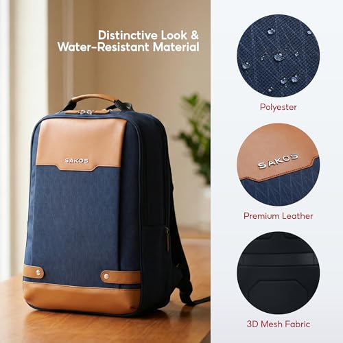 SAKOS Matura 15.6 inch Laptop Backpack with USB Charging Port, Professional Luggage Backpack Carry on Flight - TSA Approved, Water Resistant Backpack for Men & Women with Laptop Compartment - Blue - color: 1. Matura - Blue/Brown