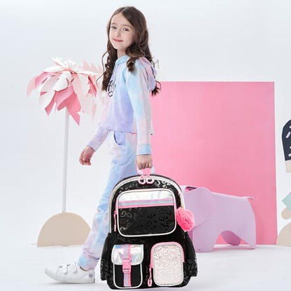 Meetbelify Aesthetic Backpack for Girls with Lunch Box - Elementary to Teen, Cute Bookbag for Kids 8-10 - color: 3pcs Black Love