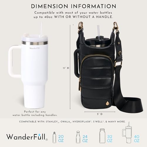 WanderFull HydroBag Handle®, Vegan Leather Hands-Free Crossbody 40 Oz Water Bottle Carrier w/Strap Bundle - color: Black