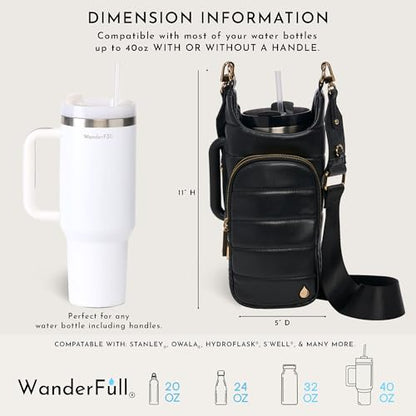 WanderFull HydroBag Handle®, Vegan Leather Hands-Free Crossbody 40 Oz Water Bottle Carrier w/Strap Bundle - color: Black