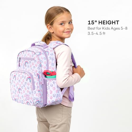 mibasies Kids Backpack for Girls 5-8: Water-Resistant School Bookbag for Kindergarten and Elementary - Rainbow Purple - color: Rainbow Purple, style: Kids-15"h