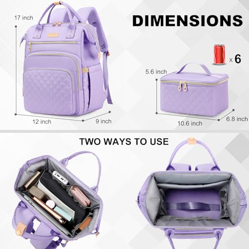 AIJIEKE Lunch Backpack for Women, 15.6 Inch Laptop Backpack with Detachable Insulated Cooler Lunch Box, 2-in-1 Water Resistant Work Computer Bag for Nurse Teacher College Commute, Purple - color: Purple