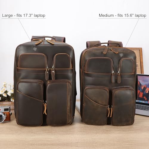 TIDING Full Grain Leather 15.6" Laptop Backpack for Men Multi Pockets Casual Daypack Business Travel Rucksack - color: Deep Brown