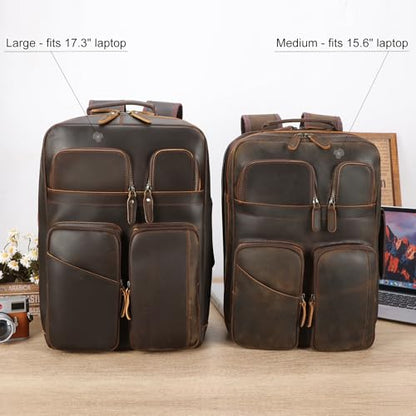 TIDING 17.3" Full Grain Leather Laptop Backpack for Men Multi Pockets Casual Daypack Business Travel Rucksack - color: Dark Brown