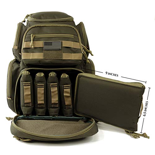 K-Cliffs Tactical Range Backpack – Lockable Bag for 5 Handguns Pouches – 900D Water‑Resistant with Rain Cover & USA Patch - color: Khaki With 5 Pouches