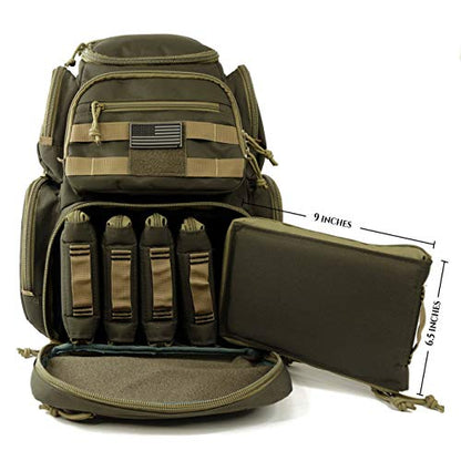 K-Cliffs Tactical Range Backpack – Lockable Bag for 5 Handguns Pouches – 900D Water‑Resistant with Rain Cover & USA Patch - color: Khaki With 5 Pouches