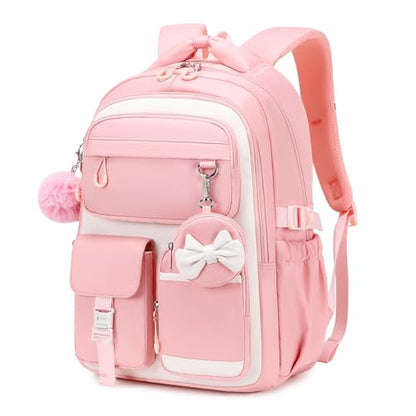 MUSEVOS Kids Backpack for Girls Aged 6-14, Kindergarten Elementary Middle School Backpack, Cute Bookbag Multi-Compartment, Water-resistant - color: Pink-white