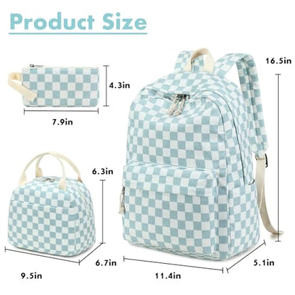 Bluboon School Backpack Set Girls Womens Laptop Bookbag Casual Daypack Fits 15 inch Laptop with Lunch Tote Bag and Pencil Bag - color: Blue Checked