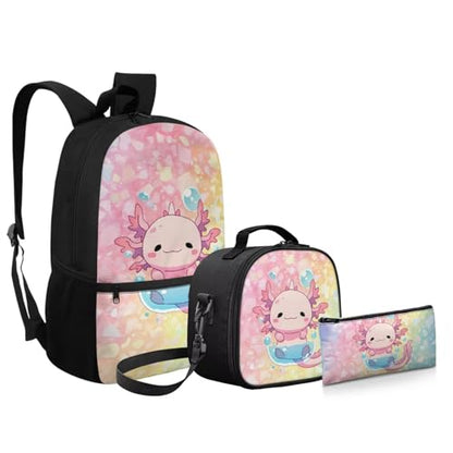 Axolotl Backpack for Girls Boys Soft School Backpacks Bookbag with Lunch Bag Handbag Shoulder Bag and Pencil Case Travel Daypack 3 PCS Set - color: Axolotl Cute