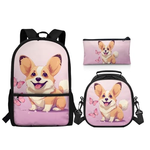 3Pcs Kid Backpack Set Cute Corgi Backpacks with Lunch Box Pencil Case Pen Bags 3 Pack Set Elementary School Bag Bookbag 17 Inch Daypack Pink - color: Corgi