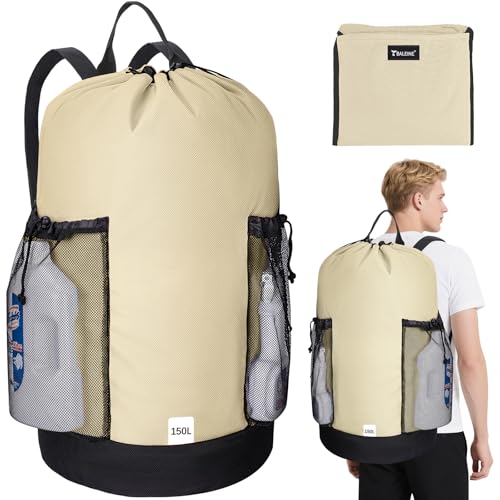 BALEINE 150L Laundry Bag Backpack, 900D Oxford Fabric Large Travel Laundry Bags with Shoulder Straps and 2 Mesh Pockets for College Dorm, Apartment, Laundromat (Beige, 150L) - color: Beige, size: 150L