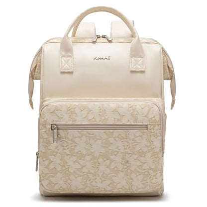 Kinmac Wide Open Style Laptop Backpack for Laptop Up to 15.6 Inch Men Women Travel Outdoor Backpack (Apricot Floweret PU) - color: Apricot Floweret Pu