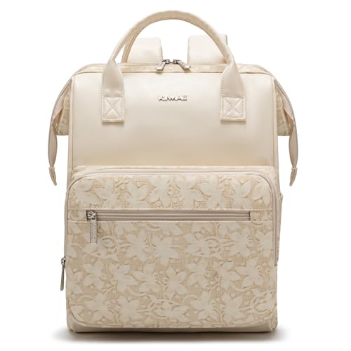 Kinmac Wide Open Style Laptop Backpack for Laptop Up to 15.6 Inch Men Women Travel Outdoor Backpack (Apricot Floweret PU) - color: Apricot Floweret Pu