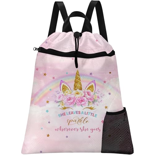 Pink Unicorn Sparkle Drawstring Backpack, 15” x 17” Waterproof Swim Bag for Beach Swimming Pool, Lightweight Foldable Gym Bag with Water Bottle Holder for Sports Travel - color: Rainbow Unicorn