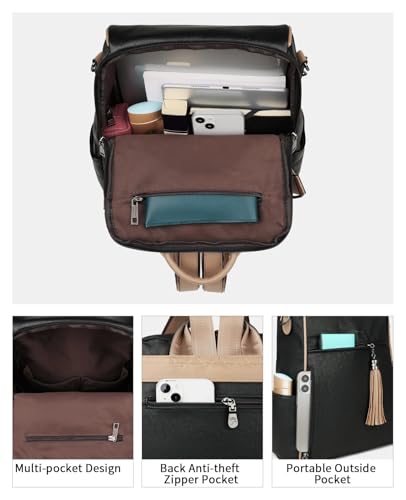 FADEON Womens Backpack Purse Large Designer PU Leather Laptop Backpacks, Ladies Computer Shoulder Bags (2 Retro Black contrast Brown, Medium (14-in Height)) - color: 2 Retro Black Contrast Brown, size: Medium (14-in Height)
