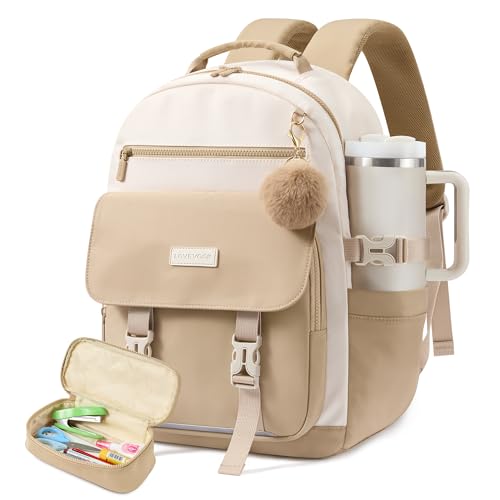 LOVEVOOK School Backpack for Teen Girls, 14-18 Casual Large Capacity Student Laptop Backpack with Pencil Case, 15.6 Inch Bookbag for College, Middle & High School, Gift for Girls - color: Khaki Beige, size: 15.6 inche- 2Pcs