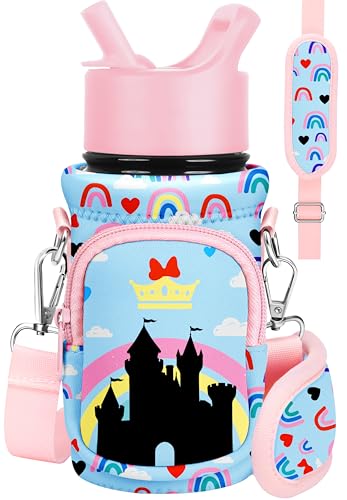 Miss Adola Water Bottle Carrier with Strap - Insulated Kids Water Bottle Holder for Boys Girls Bottle Bag for 10-18Oz - color: Rainbow Castle