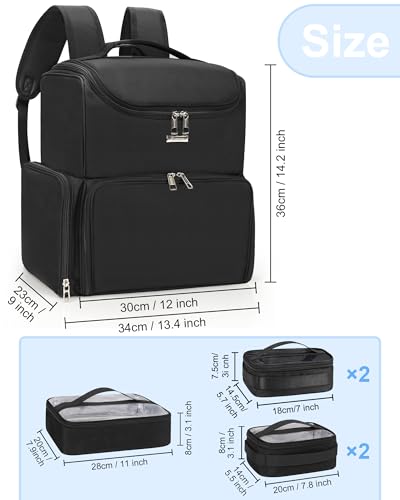 Relavel Makeup Backpack Large Bag with 5 Clear Set Bags, Dual Layer Professional Cosmetic Organizer Travel Train Case Makeup Artist Kit with Adjustable Dividers & Easy to Clean Lining, Black - color: Black with 2 extra clear bags, size: Large