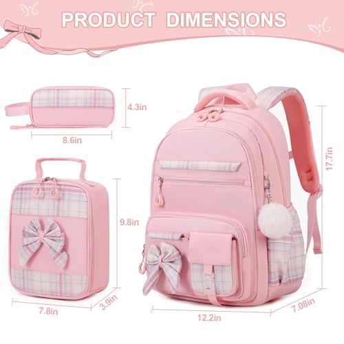 DIGOBAY Backpack for Girls, 3PCS Girls Backpack for School with Lunch Bag Pencil Case, Cute Kids Teens Bookbag for Kindergarten Elementary Preschool Middle School - color: Pink