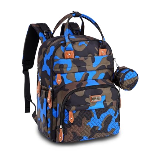 BabbleRoo Diaper Bag Backpack - Baby Essentials Travel Tote - Multi Function Water Resistant Diaper Bag, Travel Essentials Baby Bag with Changing Pad, Stroller Straps & Pacifier Case - Blue Camo - color: Camo Blue, size: Large