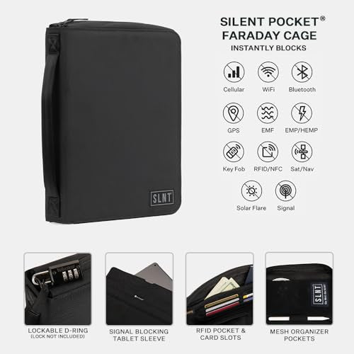 SLNT Essentials Tech Organizer with Faraday Tablet Sleeve & RFID-blocking Pocket - Signal-shielding Storage Case for Tablet & Accessories, Passport, Credit Cards - Lockable D-ring, Water-resistant - style: Tablet Organizer