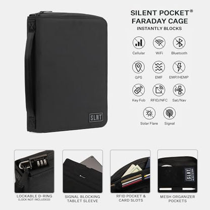 SLNT Essentials Tech Organizer with Faraday Tablet Sleeve & RFID-blocking Pocket - Signal-shielding Storage Case for Tablet & Accessories, Passport, Credit Cards - Lockable D-ring, Water-resistant - style: Tablet Organizer