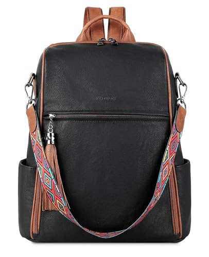 FADEON Leather Backpack Purse for Women Designer Travel Backpack Purses PU Fashion Ladies Shoulder Bag with Tassel - color: 1 Retro Black With Brown