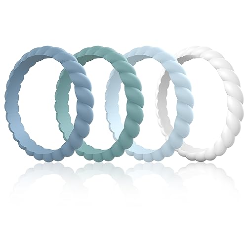 Egnaro Silicone Wedding Ring for Women,Thin and Stackble Braided Rubber Wedding Bands,No-Toxic,Skin Safe - color: SETS-Blue, Light Green, Light Blue, White, size: 8.5-9